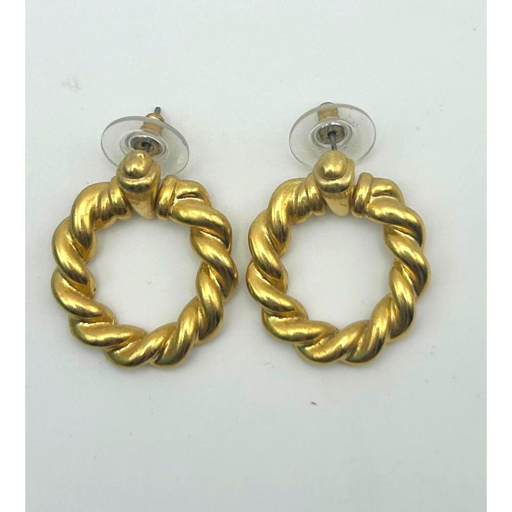 Vintage Small Gold Doorknocker Earrings Bold Twisted Rope 80s Throwback Jewelry